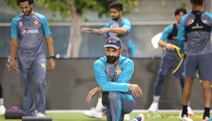 Pakistan cricket team members practice in Dubai. Photo: PCB