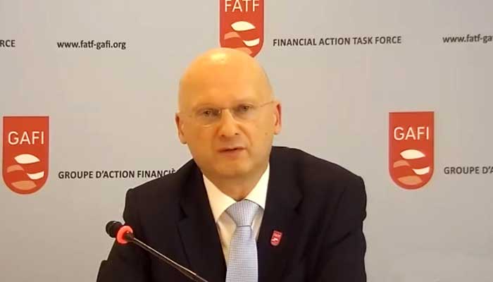 FATF President Dr Marcus Pleyer addressing a post-plenary press conference on October 21, 2021. — Screengrab from video courtesy FATF