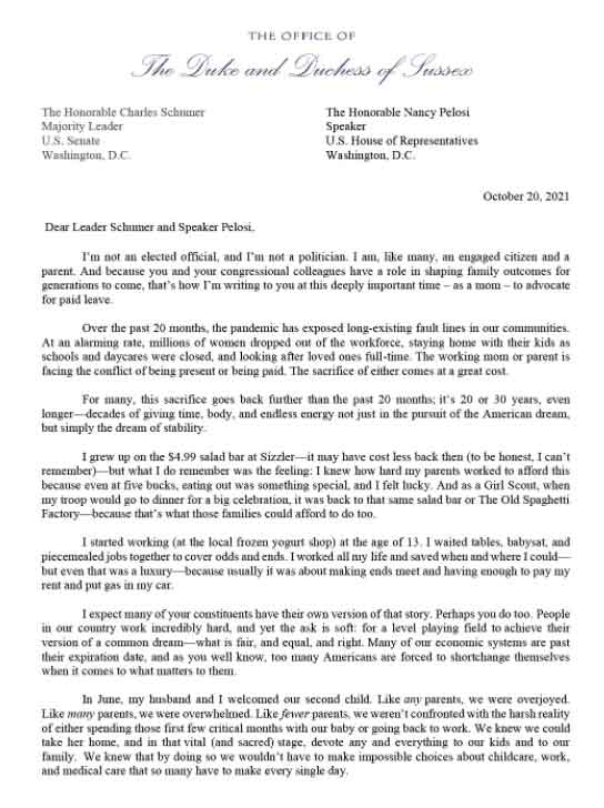 Full text of Meghan Markles letter to US Congress