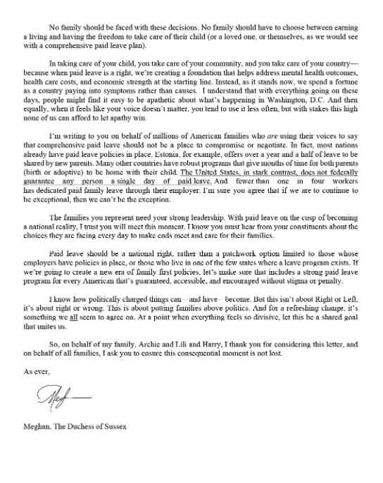 Full text of Meghan Markles letter to US Congress