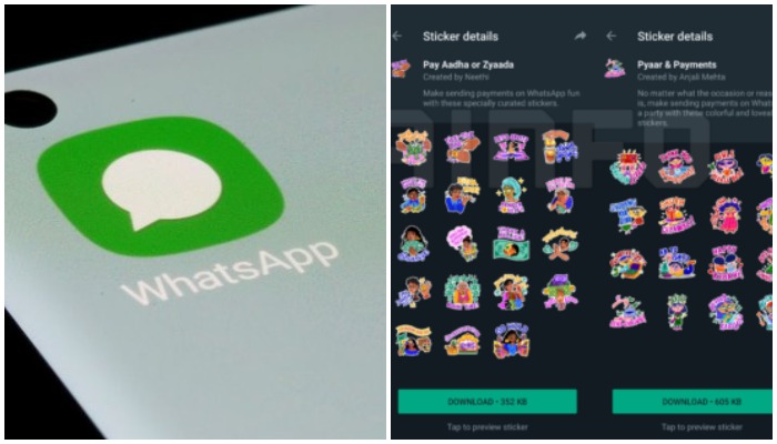 WhatsApp app is seen on a smartphone; Screengrab of the sticker packs. Photo: Reuters/WABetaInfo