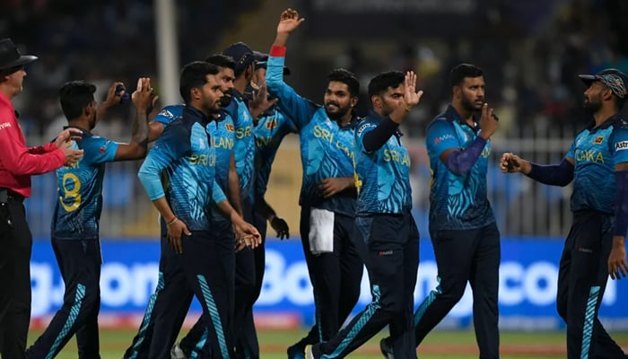 — Sri Lankan team celebrating victory after dismissing Netherlands on Friday. — ICC