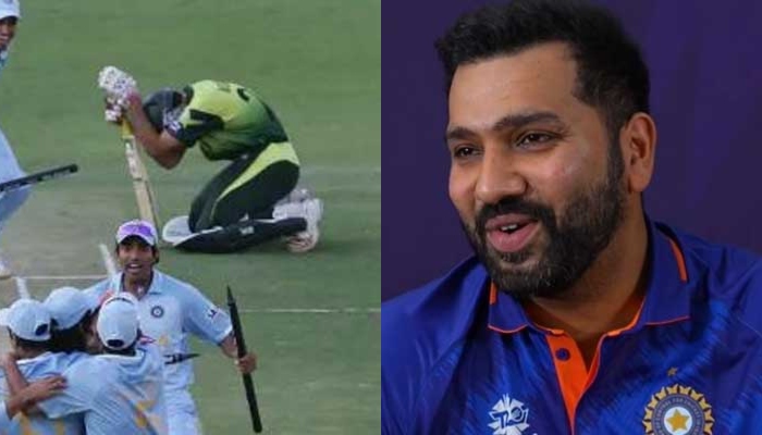 India celebrates after dismissing Misbah in the 2007 T20 World Cup final (L) and Rohit Sharma speaks to ICC. Photo: File