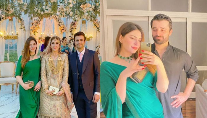 Naimal Khawar Khan steals hearts in emerald green saree on Usman Mukhtars wedding