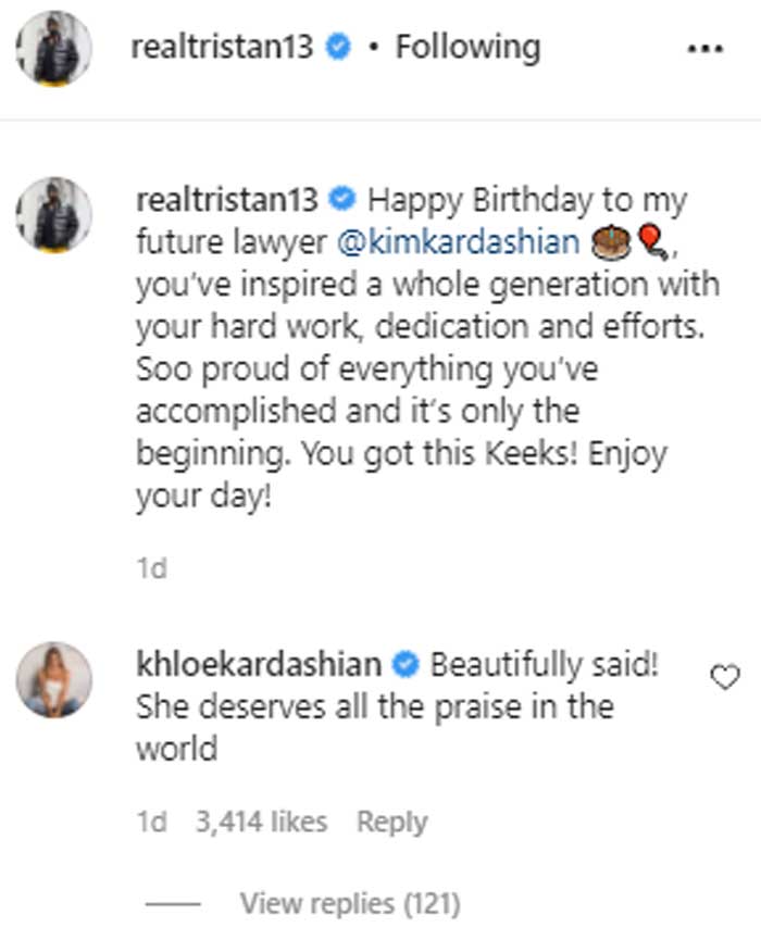 Tristan Thompson pays tribute to Kim Kardashian; Khloe praises it
