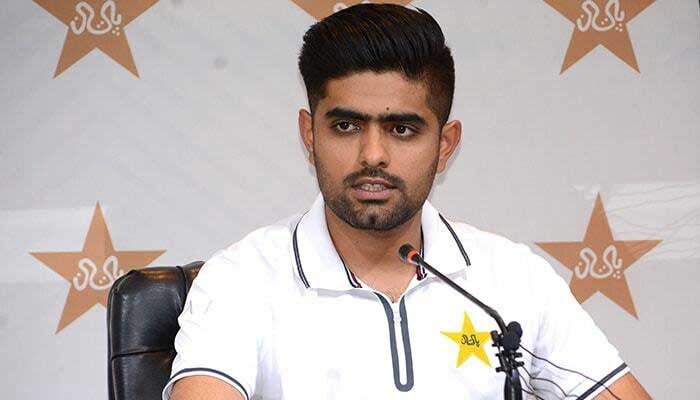 Pakistan skipper Babar Azam speaks at a press conference in Lahore. Photo: AFP
