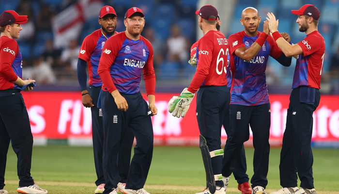 Englands team celebrating after decimating the West Indies batting line-up at Dubai International Stadium during the T20 World Cup. — Twitter/ICC