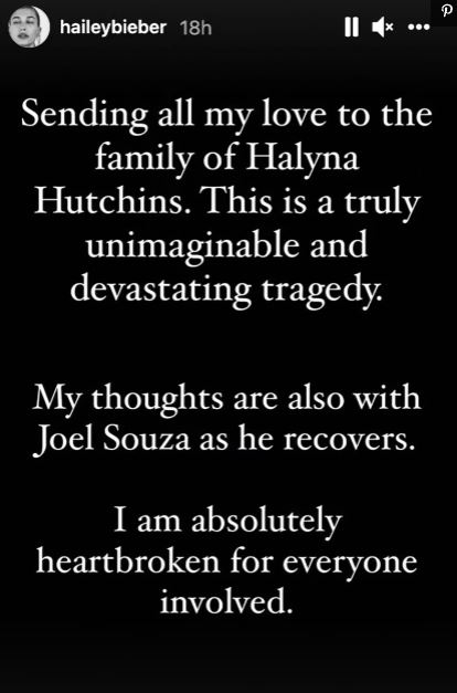 Hailey Bieber heartbroken over tragic loss of Halyna Hutchins