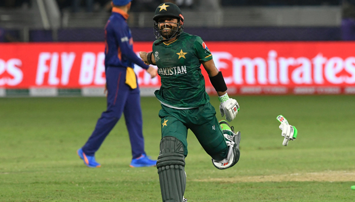 Pakistan´s Mohammad Rizwan celebrates the win in the ICC menâ€™s Twenty20 World Cup cricket match between India and Pakistan at the Dubai International Cricket Stadium in Dubai on October 24, 2021. — AFP