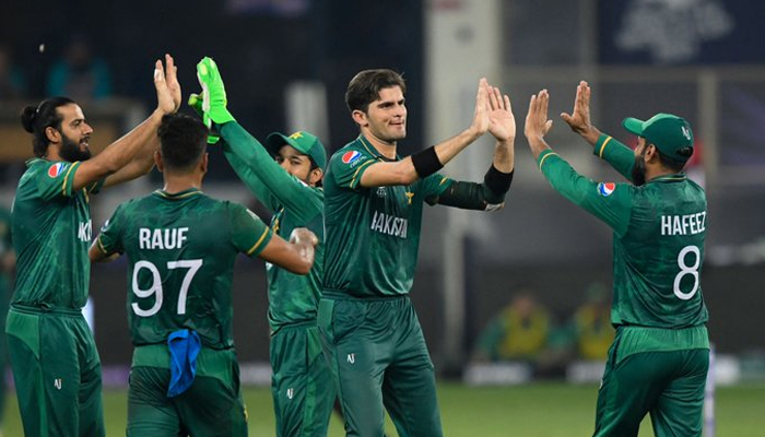 Pakistani team celebrating at Dubai International Cricket Stadium. — ICC