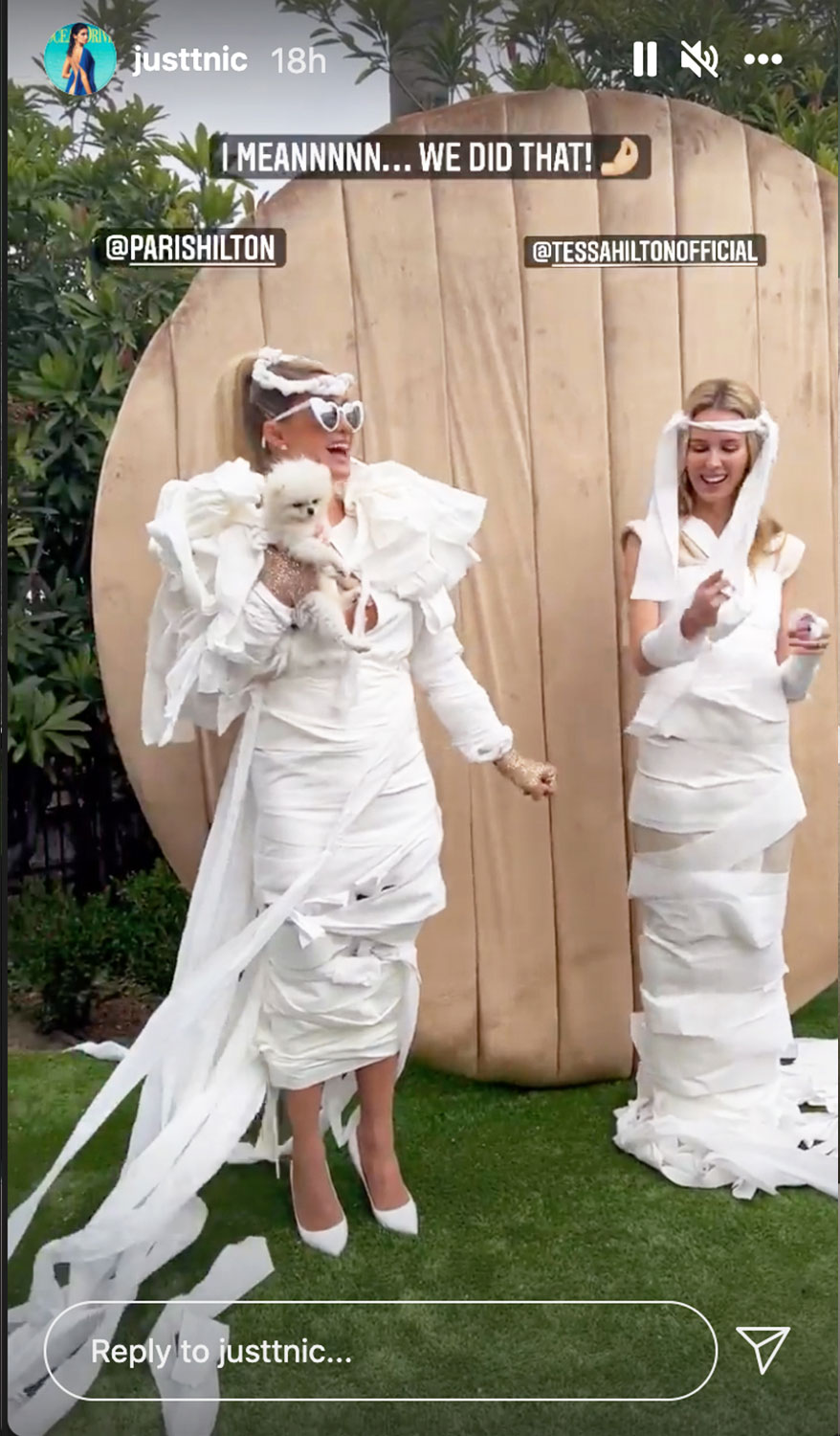 Paris Hilton creates tissue paper wedding dress in chic backyard brunch