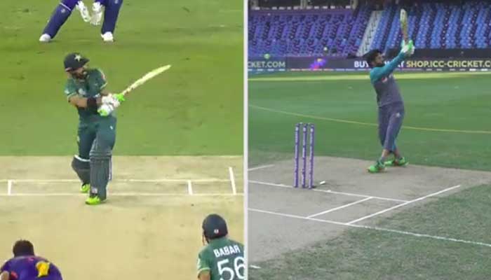 Mohammad Rizwan hits the ball for a six (L) and Rizwan practising the same shot before the India match. Photo: ICC Twitter video screengrab