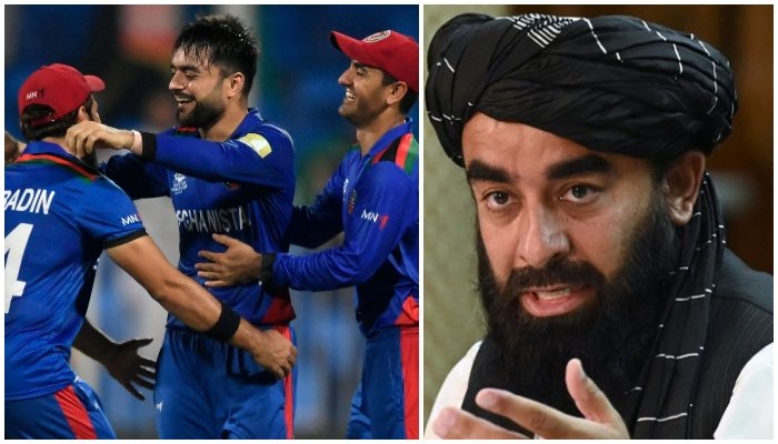 Photo collage of Afghan cricket players (L) and Taliban Spokesperson Zabihullah Mujahid (R). — AFP.