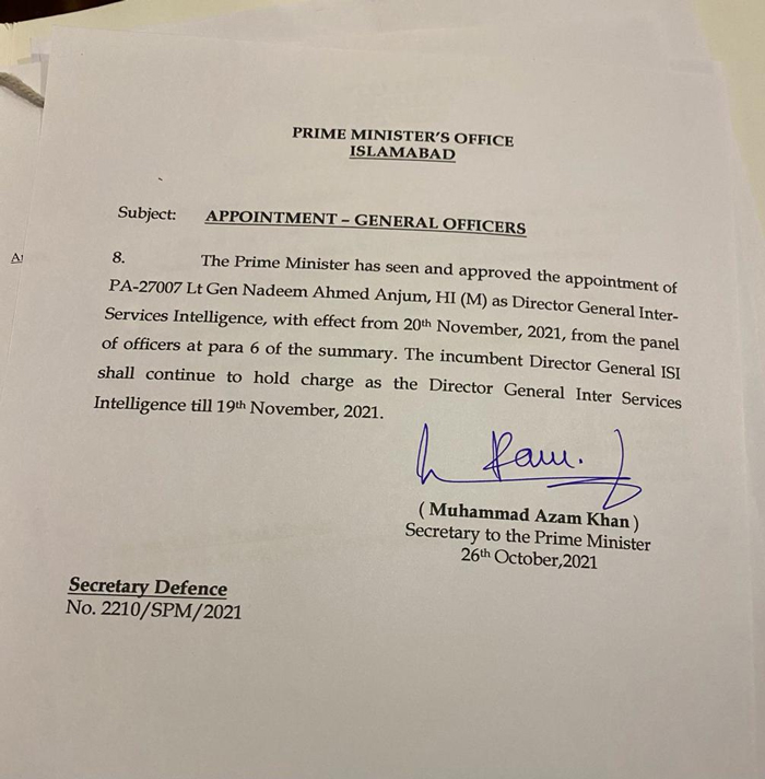 The notification issued for Lt Gen Nadeem Anjums appointment as the new DG ISI. — PM Office