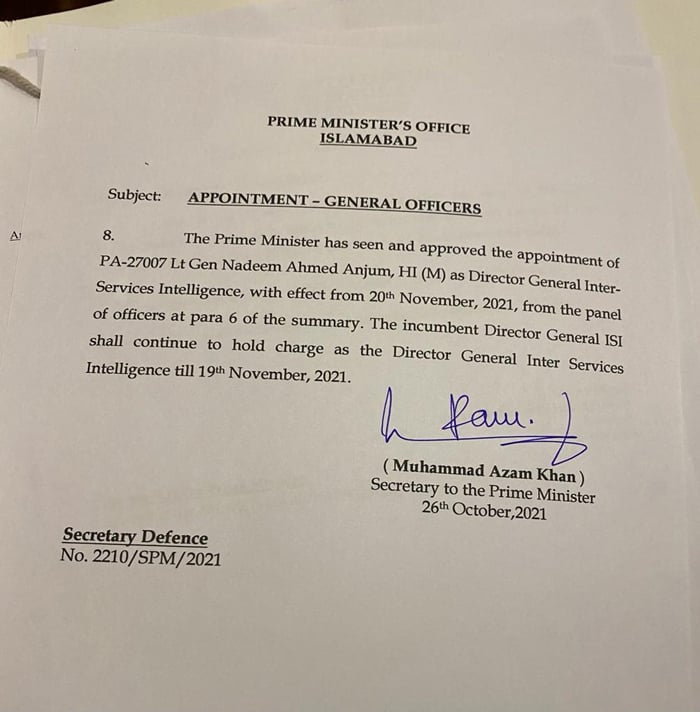 The notification issued for Lt Gen Nadeem Anjum's appointment: courtesy: PM Office