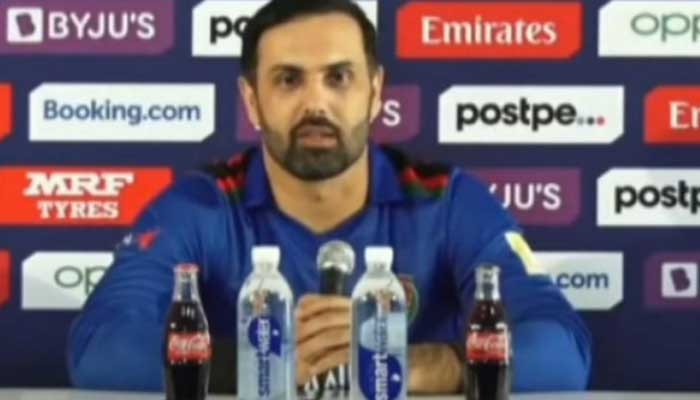 Afghanistan skipper Mohammad Nabi at a post-match press conference. Photo: Twitter