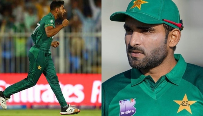 Haris Rauf celebrates after taking a wicket (L) and Asif Ali. Photo: Twitter