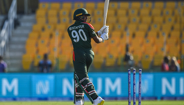 Bangladesh´s Mustafizur Rahman is bowled out by England´s Tymal Mills (not pictured) during the ICC menâ€™s Twenty20 World Cup cricket match between England and Bangladesh at the Sheikh Zayed Cricket Stadium in Abu Dhabi on October 27, 2021. — AFP