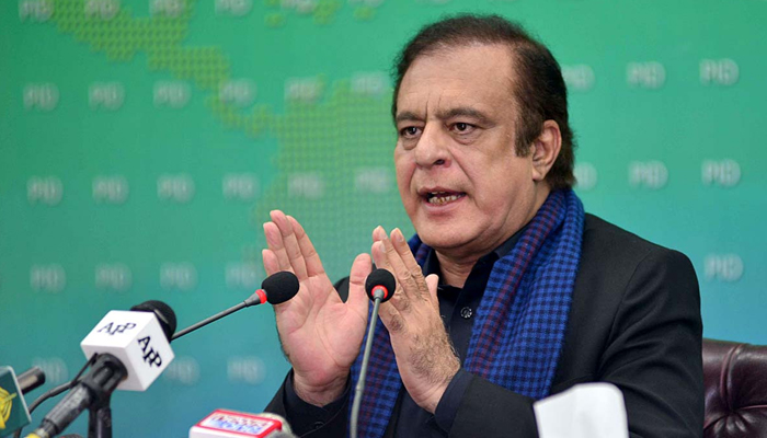 Federal Minister for Science and Technology Shibli Faraz speaking during a press conference. Photo: PID/File