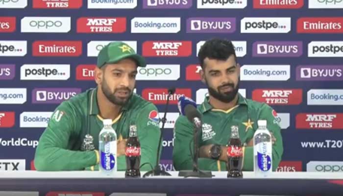 Haris Rauf and Shadab Khan speak at the post-match conference. Photo: Twitter screengrab