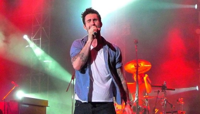 A female fan surrounded Levine at the stage during the performance and grabbed his arm