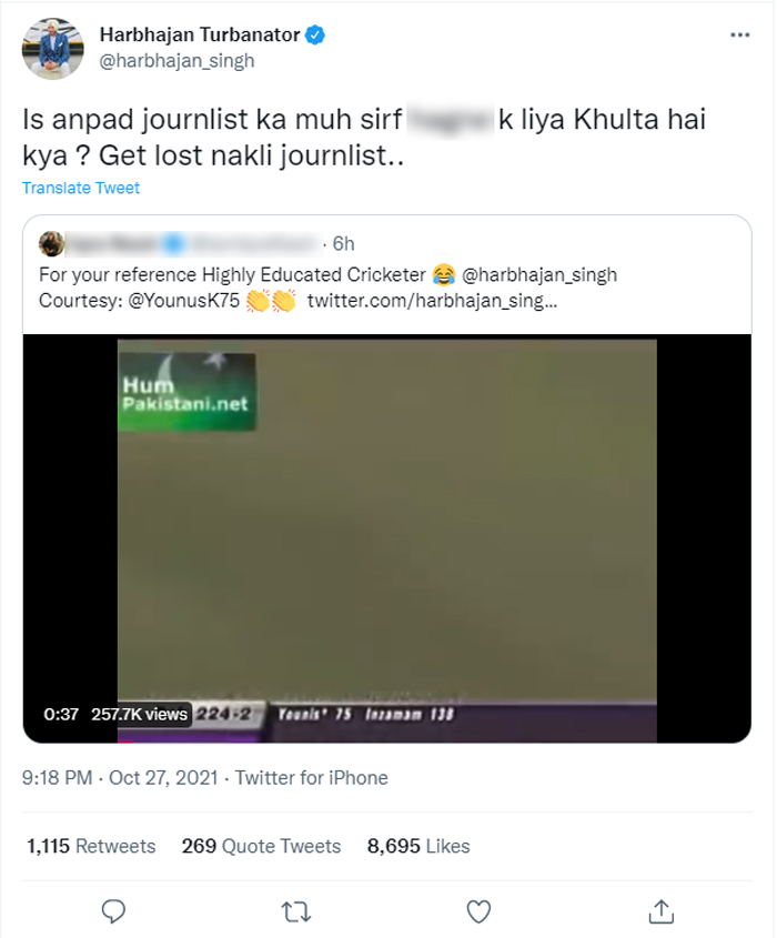 Harbhajan Singh taken apart on Twitter for abusing Pakistani woman journalist