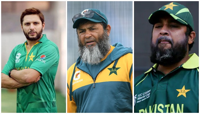 — (Left to Right) Former captain Shahid Afridi, Mushtaq Ahmed and former cricketer Inzamam-ul-Haq. — AFP/Twitter