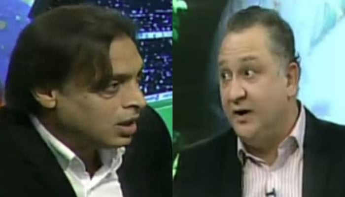 Former bowler Shoaib Akhtar and PTV anchorperson Dr Nauman Niaz. — Screengrab via Geo News