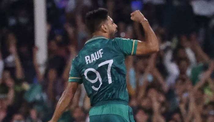 Pakistan fast bowler Haris Rauf celebrates after taking a wicket. Photo: File