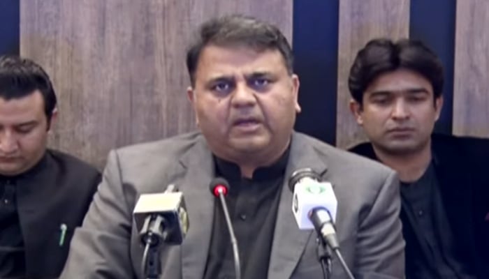 Information Minister Fawad Chaudhry speaks to the press after a National Security Committee meeting to discuss the TLPs march on Islamabad. Photo: Screengrab
