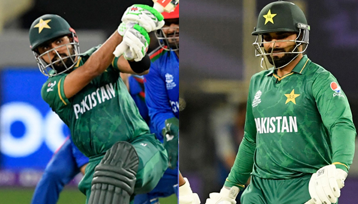 Pakistans captain Babar Azam (L) plays a shot as Afghanistan´s wicketkeeper Mohammad Shahzad watches during the ICC Twenty20 World Cup cricket match between Afghanistan and Pakistan at the Dubai International Cricket Stadium in Dubai on October 29, 2021 (left) and Asif Ali celebrates win in the ICC Twenty20 World Cup cricket match between Afghanistan and Pakistan at the Dubai International Cricket Stadium in Dubai on October 29, 2021. — AFP