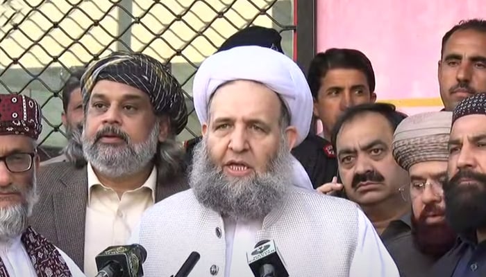 Minister of Religious Affairs and Interfaith Harmony Pir Noor-ul-Haq Qadri speaking during a press conference on Saturday, October 30, 2021. — Screengrab via Hum News Live