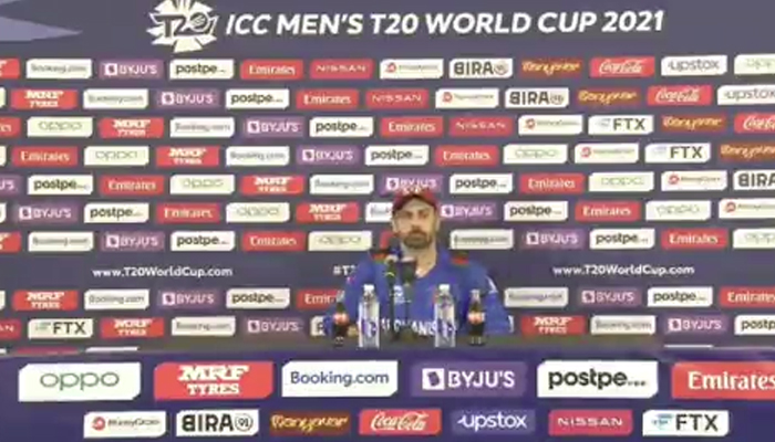 Afghan skipper Mohammad Nabi listens to a reporters question after the Pakistan-Afghanistan match on October 29, 2021. — Twitter