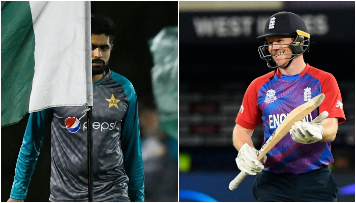 Pakistan´s captain Babar Azam (C) walks past national flags during a training session at the ICC cricket academy ground in Dubai on October 19, 2021 (left) and England´s captain Eoin Morgan celebrates his team´s win in the ICC Twenty20 World Cup cricket match between England and West Indies at the Dubai International Cricket Stadium in Dubai on October 23, 2021. — AFP/File
