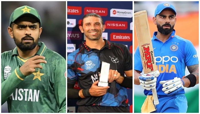 (L-R) Pakistani skipper Babar Azam, Namibias all-rounder David Wiese and Indian skipper Virat Kohli