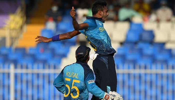 The Sri Lankans celebrate after dismissing Malan. Photo: ESPNcricinfo Twitter