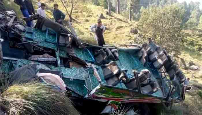 Ill-fated bus after the accident. Photo Tariq Naqash