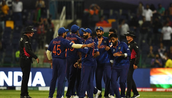 India´s players celebrate their win in the ICC Twenty20 World Cup cricket match between India and Afghanistan at the Sheikh Zayed Cricket Stadium in Abu Dhabi on November 3, 2021. — AFP