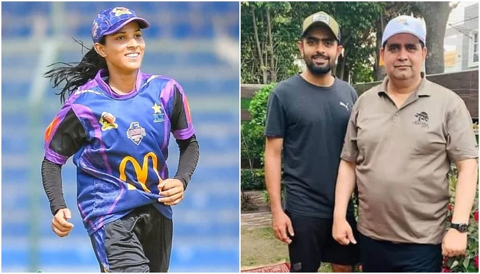 Woman cricketer Bisma Amjad (left) and Pakistan skipper Babar Azam (centre) and his father, Azam Siddique. — Geo Urdu