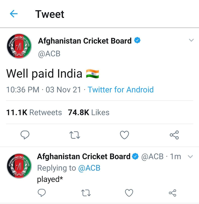 A photoshopped tweet falsely depicting the Afghanistan Cricket Board thanking India for paying well. — Twitter