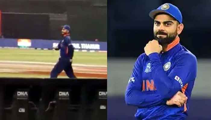 Indian skipper Virat Kohli does the dance step (left) and a picture of the Indian captain in the field. Photo: File