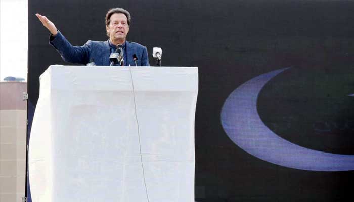 Prime Minister Imran Khan addressing a public gathering in Attock on November 5, 2021. — PID