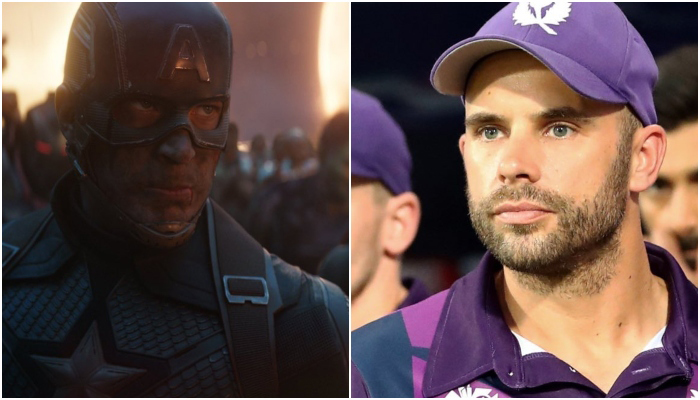Captain America (left) and Scotland skipper Kyle Coetzer. — Twitter/CricketScotland