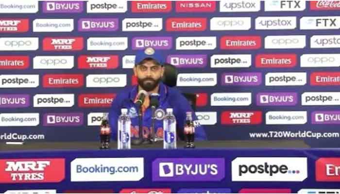 Ravindra Jadeja addresses the press after Indias quick win over Scotland. Photo: Twitter screengrab