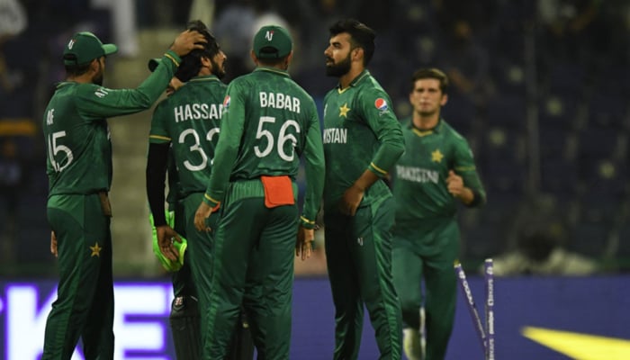Pakistan´s cricketers celebrates after the dismissal of Namibia´s captain Gerhard Erasmus (not pictured) during the ICC Twenty20 World Cup cricket match between Namibia and Pakistan at the Sheikh Zayed Cricket Stadium in Abu Dhabi on November 2, 2021. — AFP/File