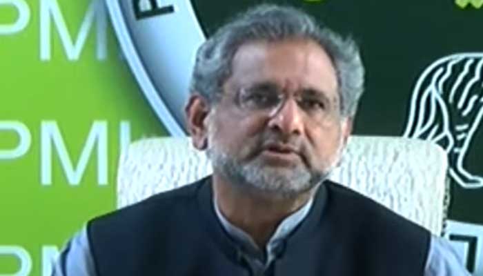 PML-N stalwart and former prime minister Shahid Khaqan Abbasi addressing a press conference