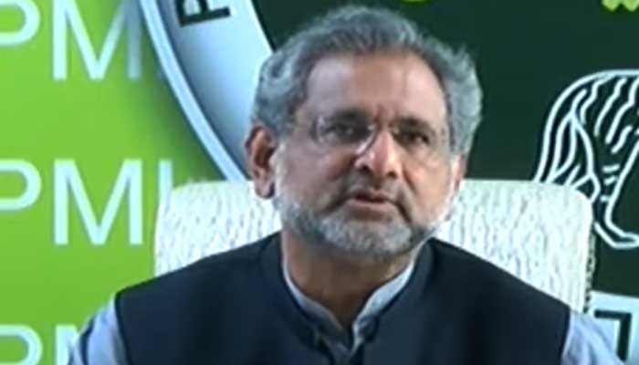 PML-N stalwart and former prime minister Shahid Khaqan Abbasi addressing a press conference