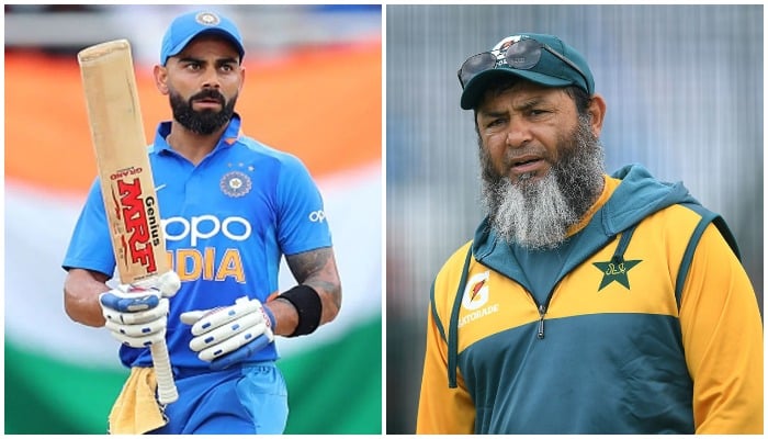 Indian skipper Virat Kohli (left) and former Pakistani cricketer Mushtaq Ahemd. Photos: AFP and Twitter