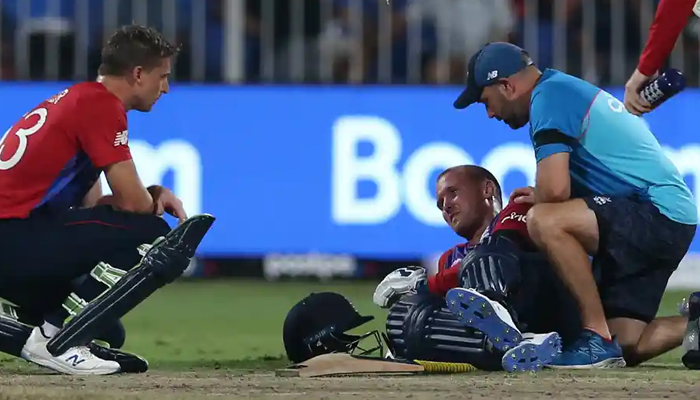 Englands Jason Roy receives medical attention after sustaining an injury during the run chase against South Africa on November 6, 2021. — Reuters/File