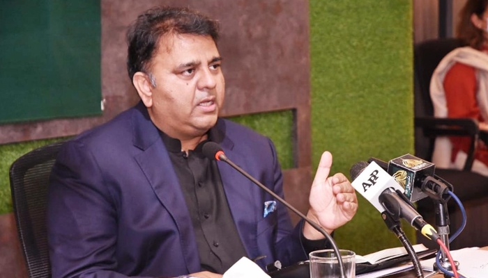 Minister for Information and Broadcasting Fawad Chaudhry addressing a press conference in Islamabad on November 9, 2021. — PID